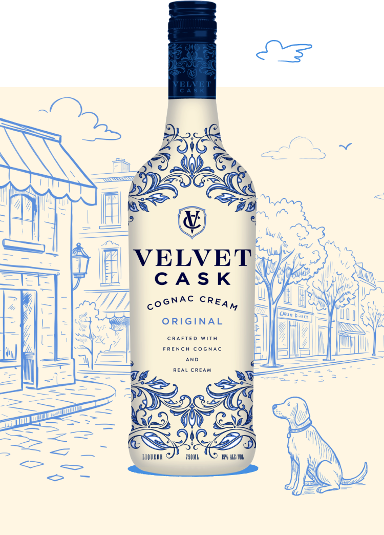 Velvet Cask Cognac Cream bottle on a Parisian café street